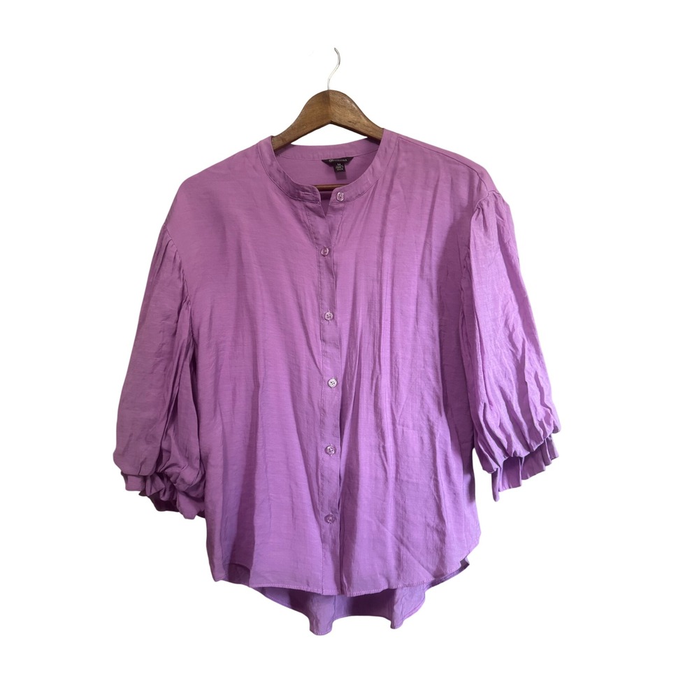 Versona Button Down Blouse Womens M Purple Excellent Puff Sleeve Band Collar